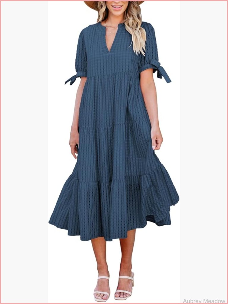 V-Neck Short Sleeve Tiered Midi Dress Empire Waist Gingham